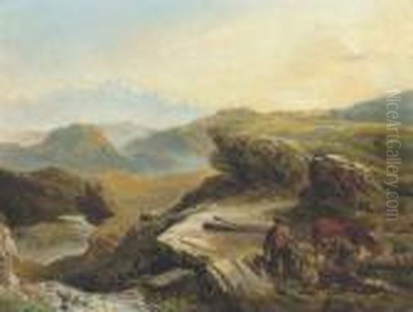 Highland Landscape With Figures Logging In The Foreground Oil Painting by Richard Ansdell