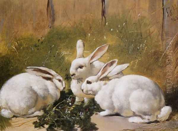 Three White Rabbits 1851 Oil Painting by John Frederick Herring Snr