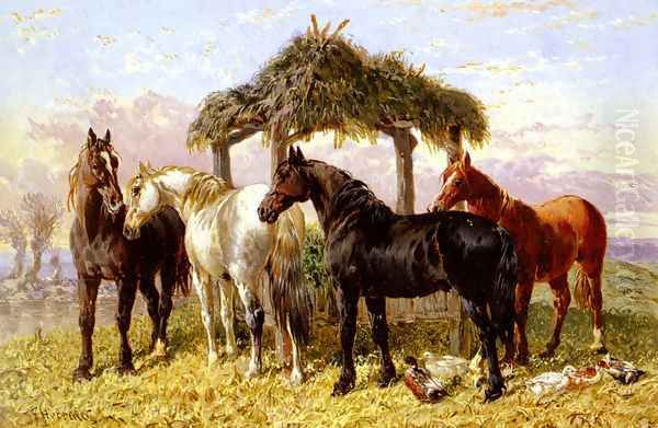 Horses and Ducks by a River Oil Painting by John Frederick Herring Snr