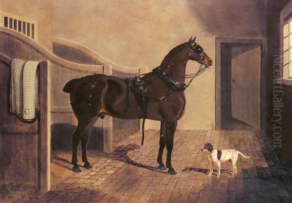 A Favorite Coach Horse and Dog in a Stable Oil Painting by John Frederick Herring Snr