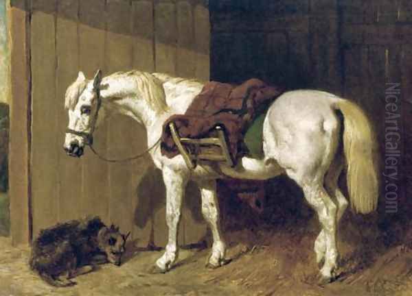 A Grey Pony with a Dog by Stable Door Oil Painting by John Frederick Herring Snr