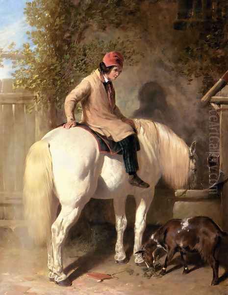 Refreshment, A Boy Watering His Grey Pony Oil Painting by John Frederick Herring Snr