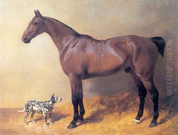 A Bay Hunter and Spotted Dog in a Stable 1846 Oil Painting by John Frederick Herring Snr