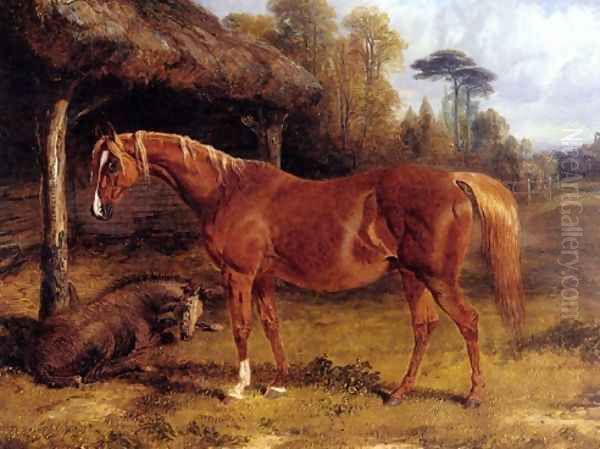 Mare And Foal By A Shed Oil Painting by John Frederick Herring Snr