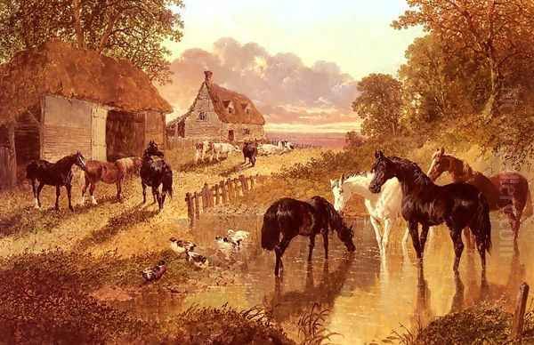 The Evening Hour - Horses And Cattle By A Stream At Sunset Oil Painting by John Frederick Herring Snr