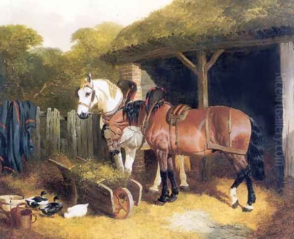 Two Harnessed Cart Horses 1853 Oil Painting by John Frederick Herring Snr