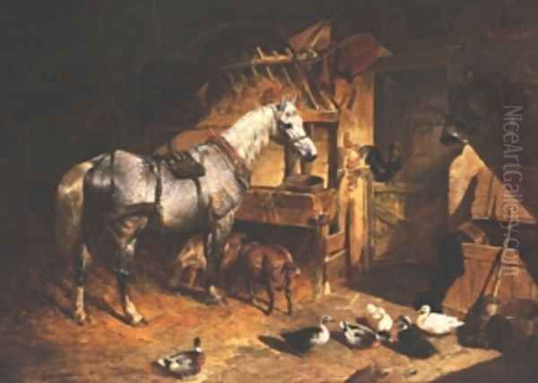 Grey In A Stable With Ducks & Goats Oil Painting by John Frederick Herring Snr