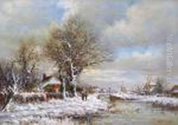 Lakeside Town Blanketed With Snow Oil Painting by Louis Apol