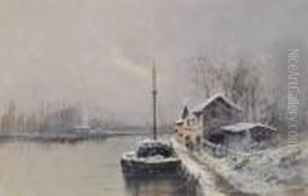 Dutch Winter River Scene Oil Painting by Louis Apol