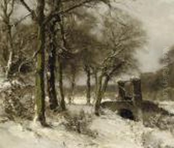 A Bridge In Winter Oil Painting by Louis Apol