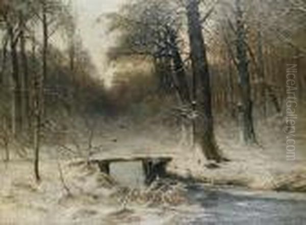 A Snowy Woodland Scene Oil Painting by Louis Apol