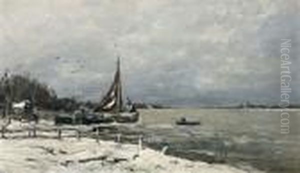 Winters Rivierlandschap Met Boten Aan De Oever Oil Painting by Louis Apol