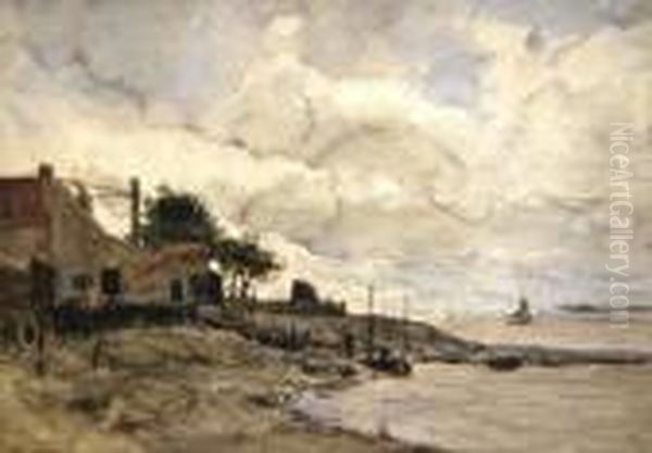 Coastal Scene With Cottages Woodland And Shipping Oil Painting by Louis Apol