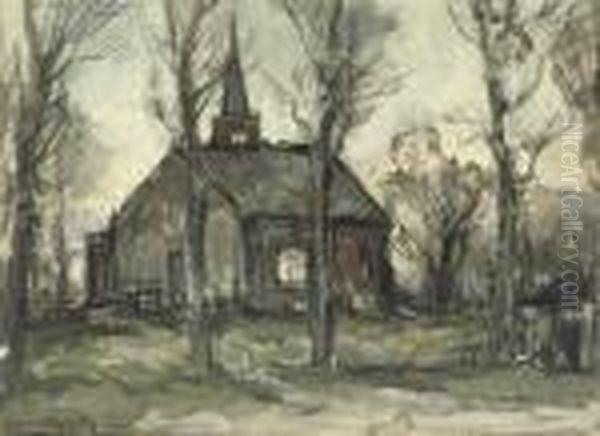 A Church In A Wooded Landscape Oil Painting by Louis Apol