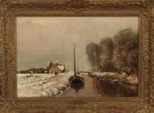 Canal In Winter Oil Painting by Louis Apol