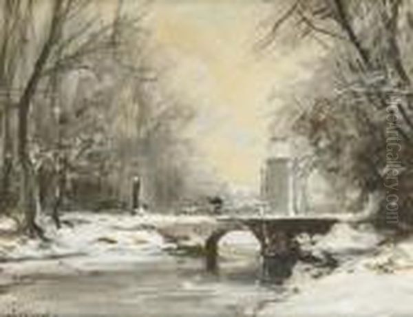 Crossing A Bridge In Winter Oil Painting by Louis Apol