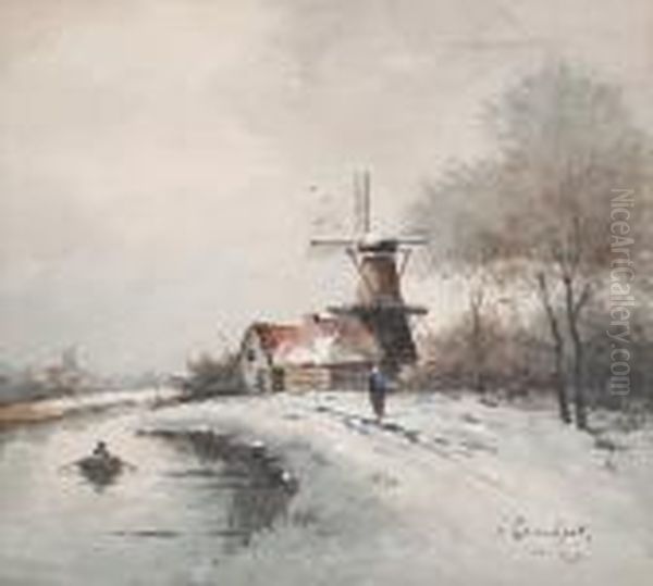 Windmill In A Winter Landscape Oil Painting by Louis Apol