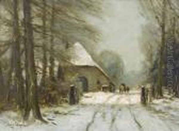 Winterliche Landschaft Mit Waldweg Und Gehoft. Oil Painting by Louis Apol