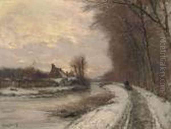 Walking Along A Water-way In Winter Oil Painting by Louis Apol