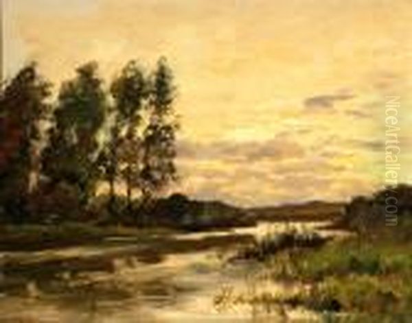 Sunset Over A Lake Oil Painting by Louis Apol