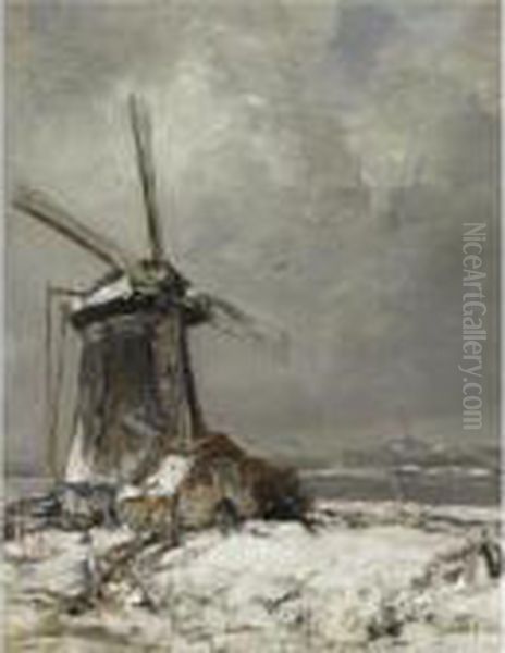 A Windmill In A Snow Covered Landscape Oil Painting by Louis Apol