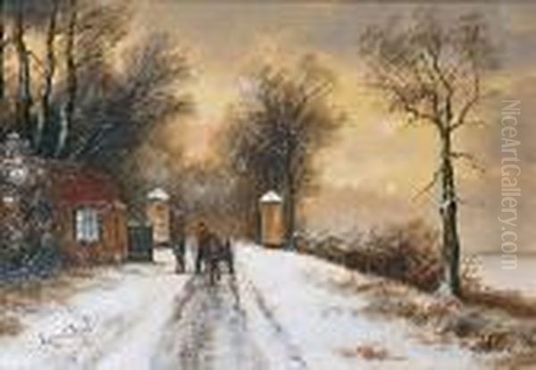 Charrette Sur Le Chemin Enneige Pres Du Fleuve Oil Painting by Louis Apol