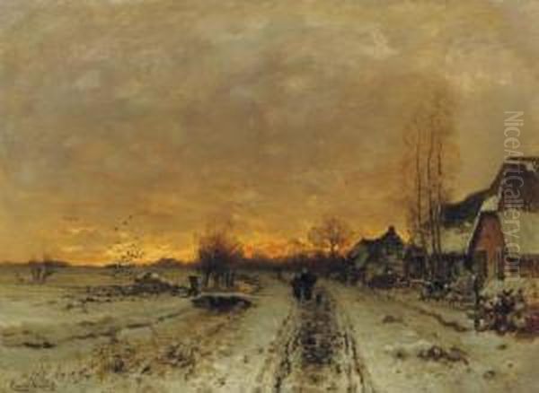 A Colourful Sunset In Winter Oil Painting by Louis Apol