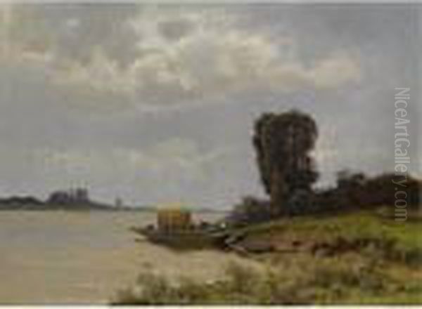 A Ferry In A Summer Landscape Oil Painting by Louis Apol