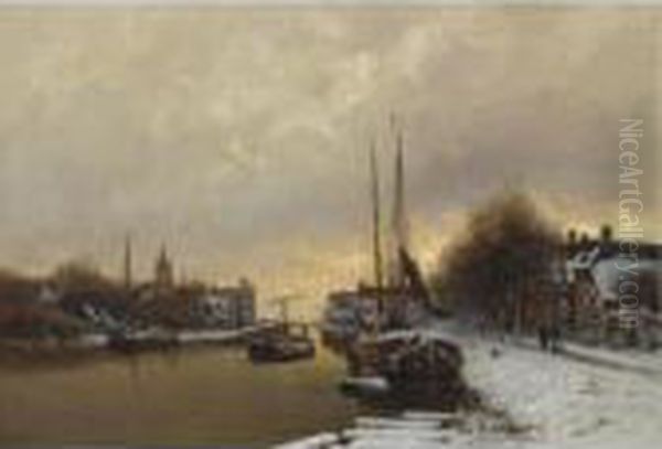 Moored Boats In A Winter Landscape Oil Painting by Louis Apol