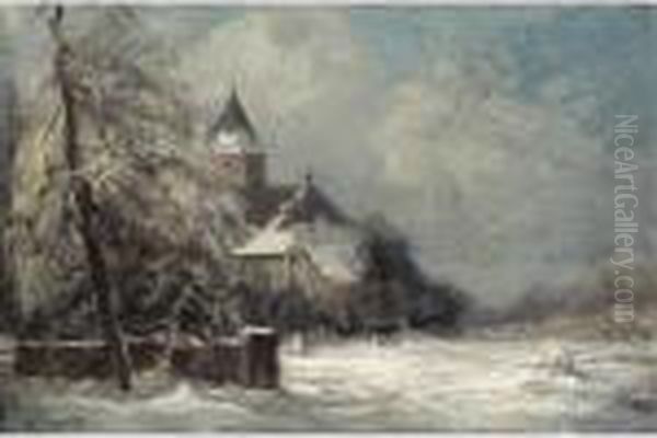 A Church In A Snow Covered Landscape Oil Painting by Louis Apol