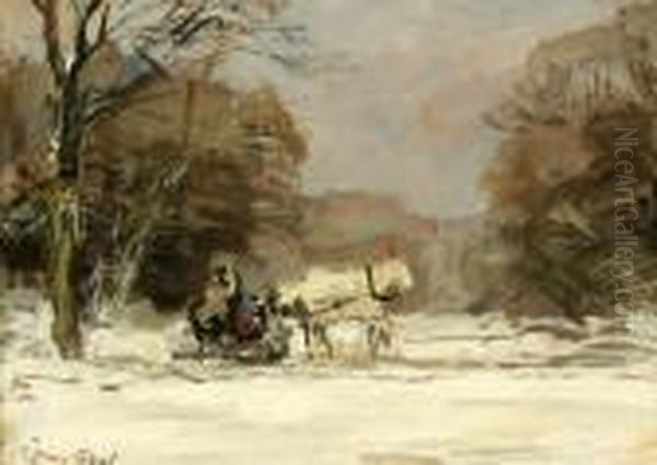 A Sledge Pulled By A Horse In A Winter Landscape Oil Painting by Louis Apol