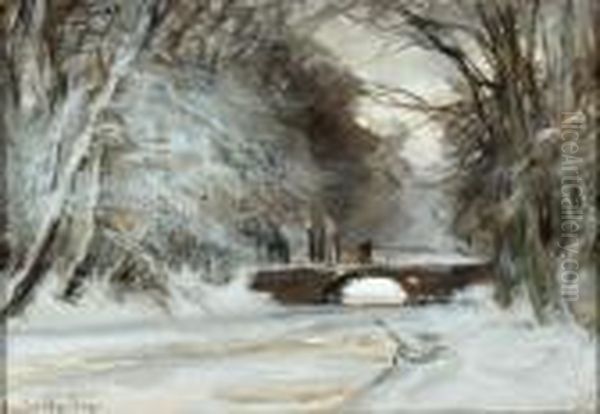 A Figure On A Bridge In A Winter Landscape Oil Painting by Louis Apol