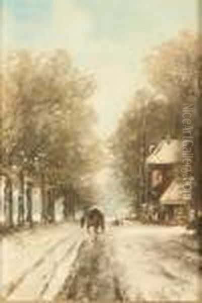 Pferdefuhrwerk Vor Bauernhaus In Winterlandschaft Oil Painting by Louis Apol