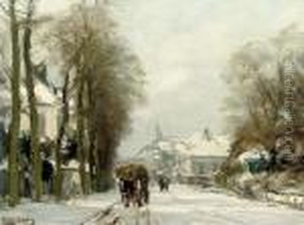 A Horse-drawn Cart In The Snow Oil Painting by Louis Apol