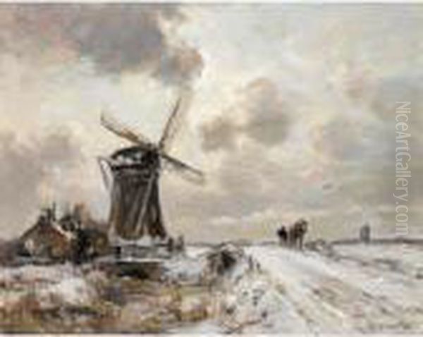 A Snow Covered Winter Landscape Oil Painting by Louis Apol