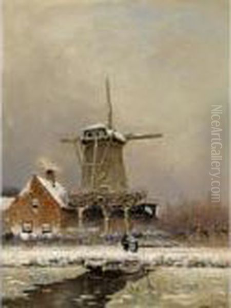 Figures By A Windmill In A Snow Covered Landscape Oil Painting by Louis Apol