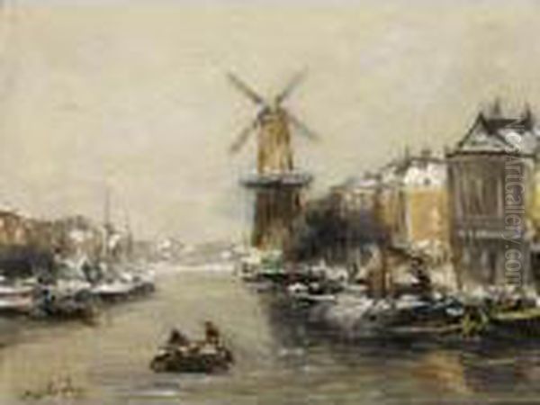 A Snow Covered Dutch Town Oil Painting by Louis Apol