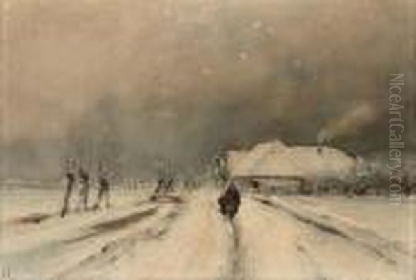 On A Snow Covered Path Oil Painting by Louis Apol