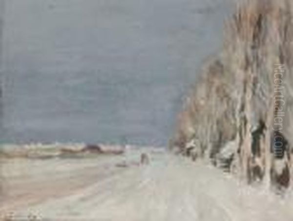 Trees Along A Snowy Lane Oil Painting by Louis Apol