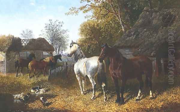 Horses & Ducks In Farmyard Oil Painting by John Frederick Herring Snr