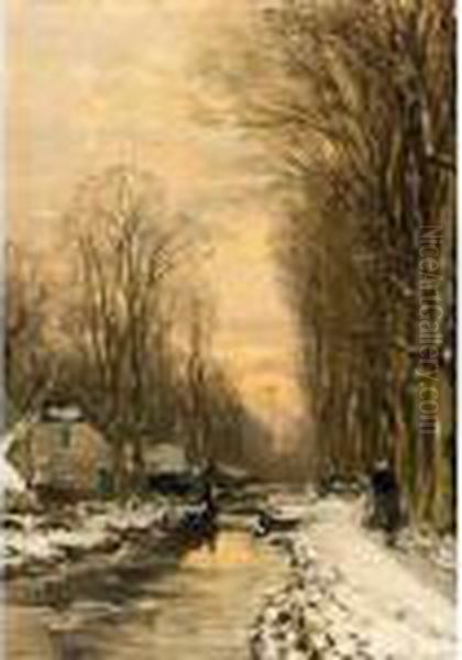 A Figure Walking Along A Waterway In Winter Oil Painting by Louis Apol