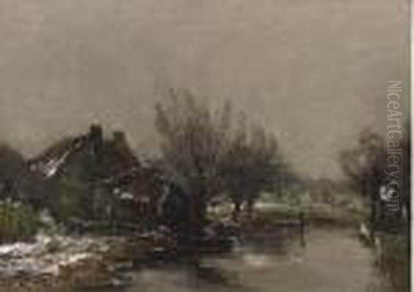 Willows By A Farmhouse In Winter Oil Painting by Louis Apol