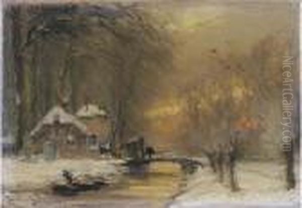 A Farm By A Stream In Winter Oil Painting by Louis Apol