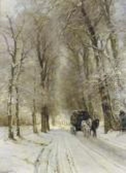 A Horse Drawn Cart On A Snowcovered Forest Track Oil Painting by Louis Apol