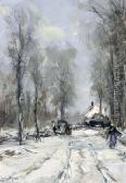 Figures On A Country Road In Winter Oil Painting by Louis Apol