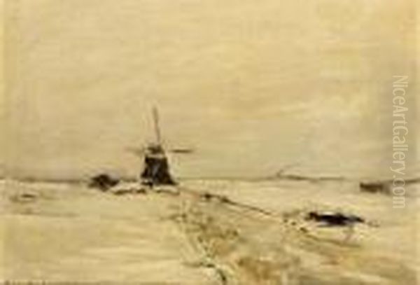 Windmill In A Snow Covered Landscape Oil Painting by Louis Apol