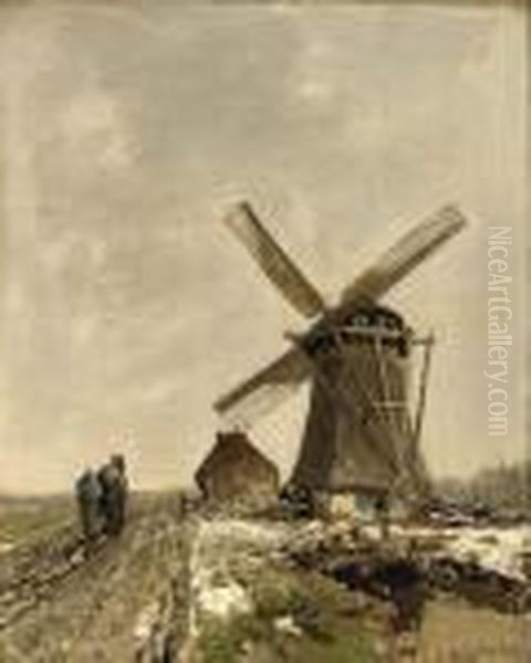 Windmill In A Snowy Landscape Oil Painting by Louis Apol