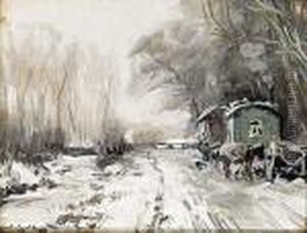 Winter Landscape With Horses And Wagons Along A Road Oil Painting by Louis Apol