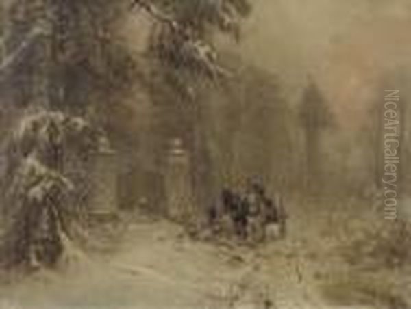 Achter Het Park: A Horse And Cart In Winter Oil Painting by Louis Apol