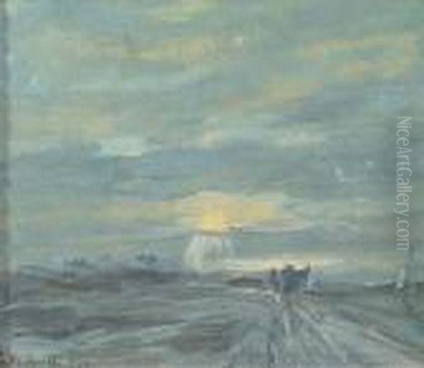 Zonsondergang Bij Delden: A Countryroad At Sunset Oil Painting by Louis Apol